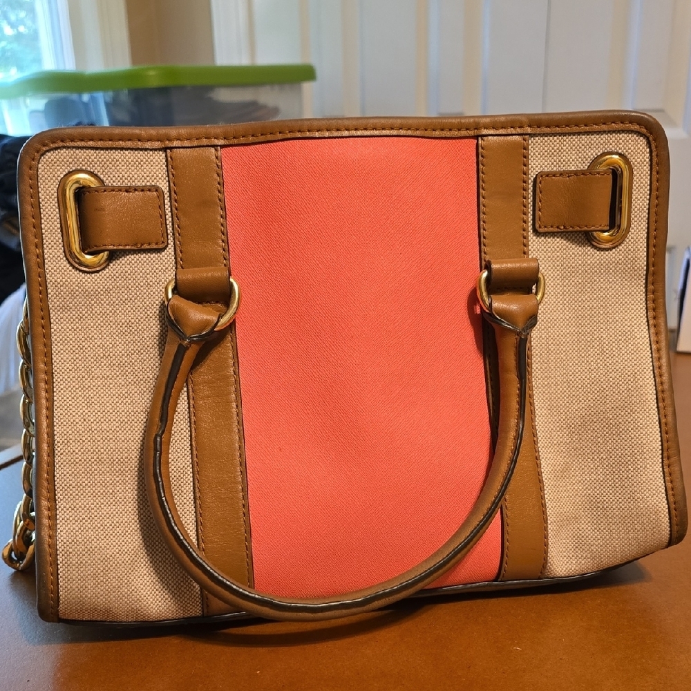 Michael Kors Hamilton Center Tan and Coral Satchel - Picture 2 of 8